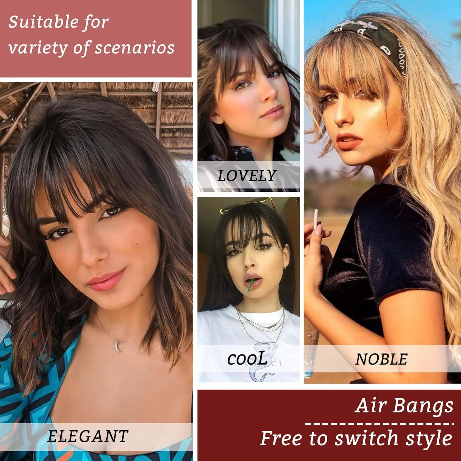 NAYOO Clip in Bangs - 100% Human Hair Wispy Bangs Clip in Hair Extensions, Red Air Bangs Fringe with Temples Hairpieces for Women Curved Bangs for Daily Wear