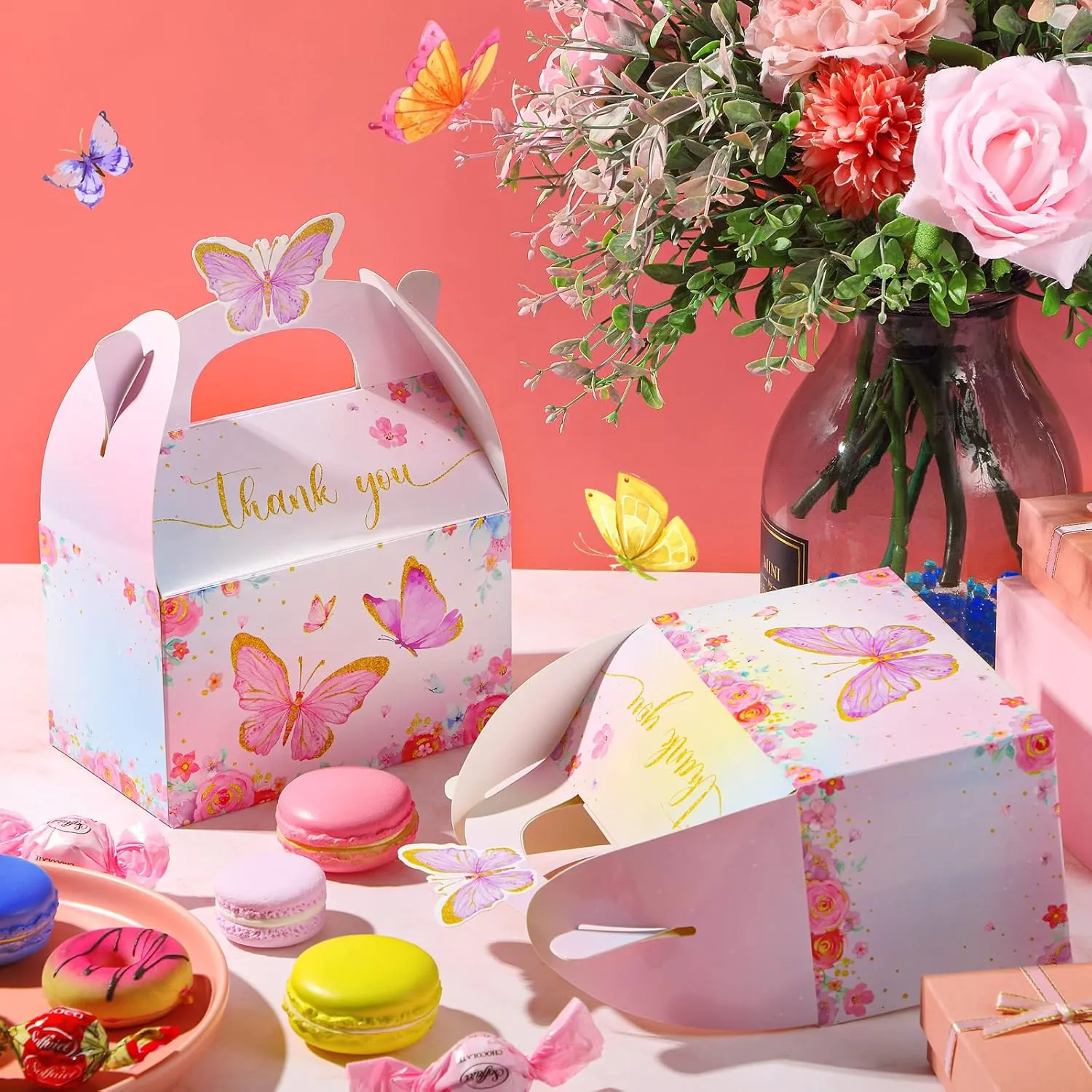 Nezyo 24 Pcs Butterfly Party Favor Treat Boxes, Pink and Purple Butterfly Floral Goodie Gable Candy Box Paper Gift Box for Birthday Party Supplies Baby Shower Wedding