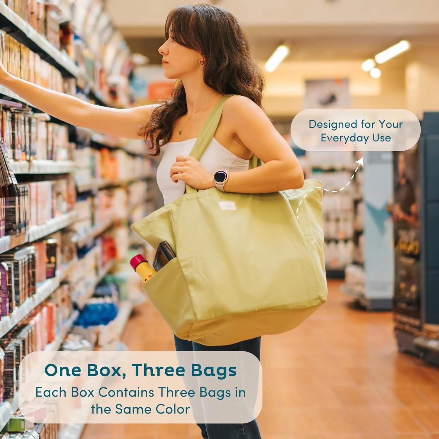 Nook Theory 3 Pcs Reusable Grocery Bags - Heavy Duty Canvas Bags, Large Reusable Shopping Bag, Picnic, 100% Cotton (Sage)