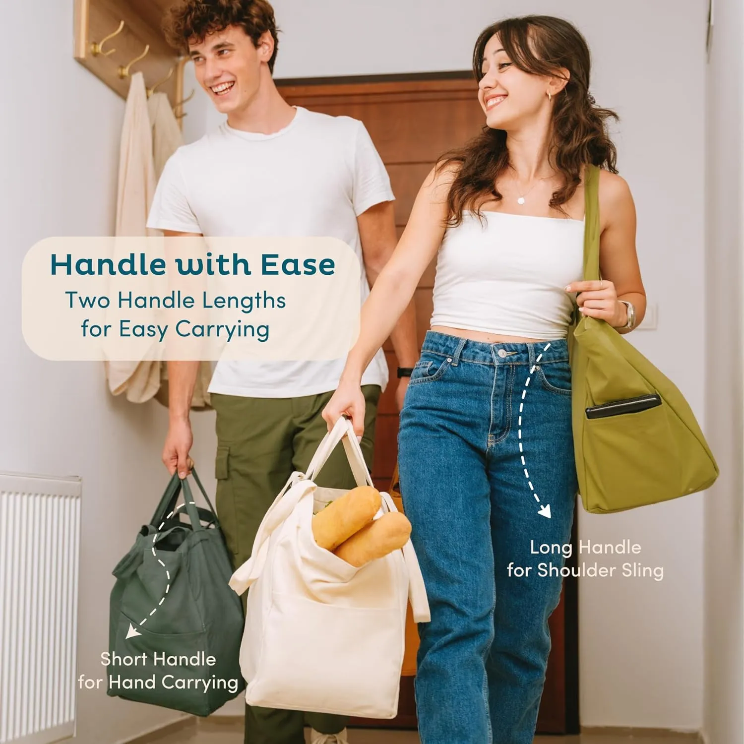 Nook Theory 3 Pcs Reusable Grocery Bags - Heavy Duty Canvas Bags, Large Reusable Shopping Bag, Picnic, 100% Cotton (Sage)