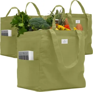 Nook Theory 3 Pcs Reusable Grocery Bags - Heavy Duty Canvas Bags, Large Reusable Shopping Bag, Picnic, 100% Cotton (Sage)