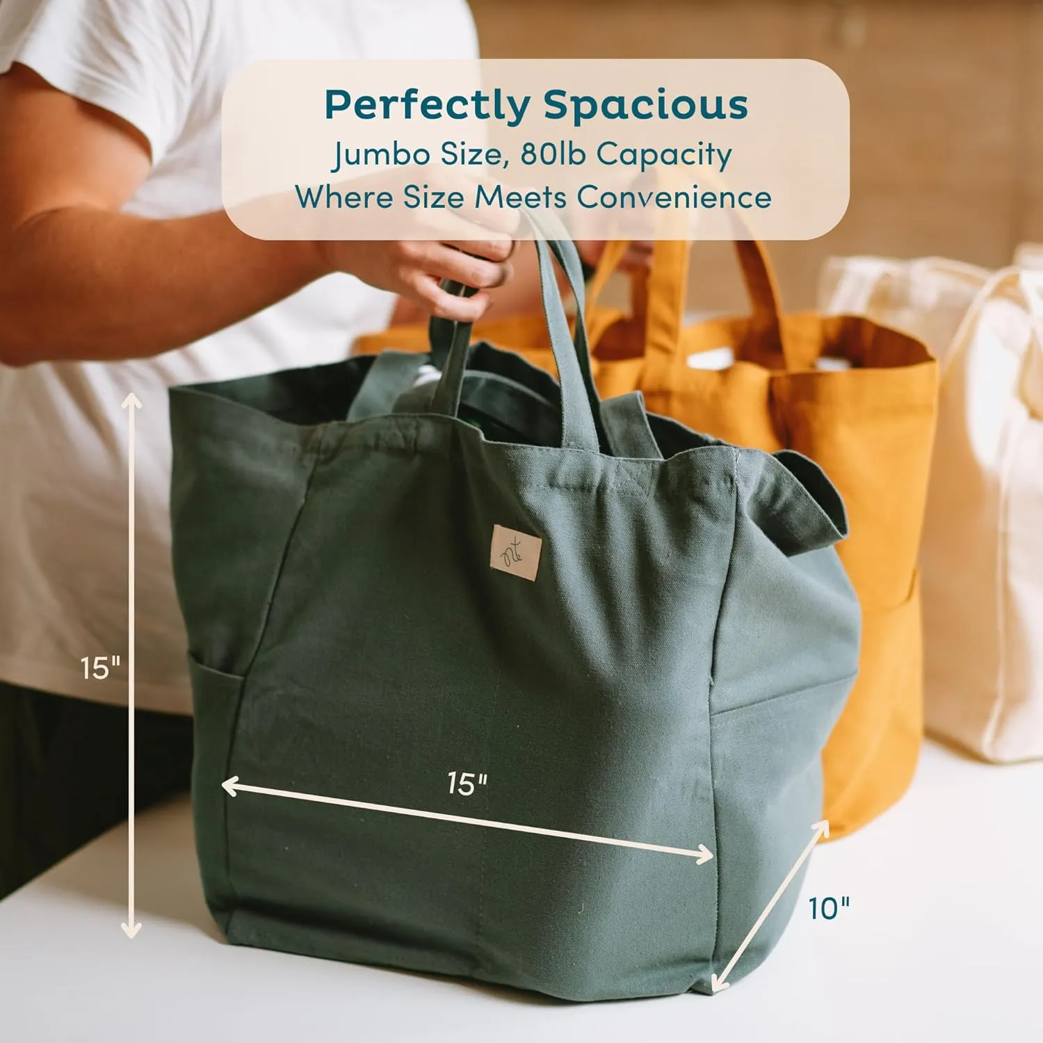 Nook Theory 3 Pcs Reusable Grocery Bags - Heavy Duty Canvas Bags, Large Reusable Shopping Bag, Picnic, 100% Cotton (Sage)