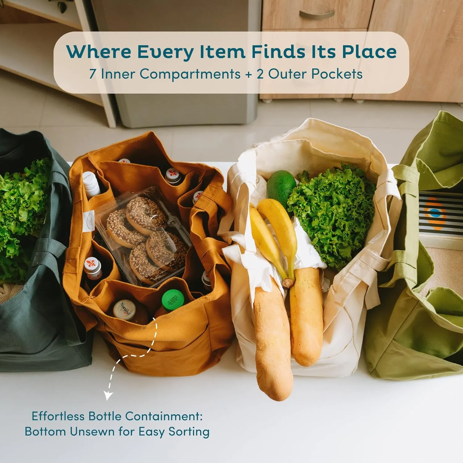 Nook Theory 3 Pcs Reusable Grocery Bags - Heavy Duty Canvas Bags, Large Reusable Shopping Bag, Picnic, 100% Cotton (Sage)