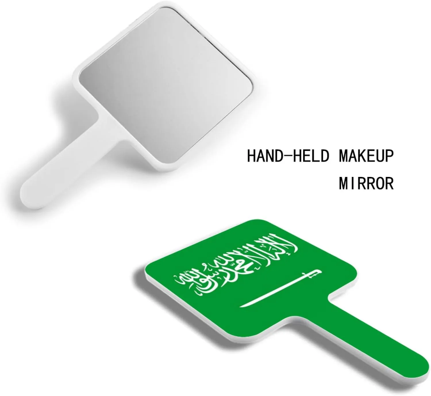 Novelty Saudi Arabia Flag Hand Mirror, Barber Hairdressing Handheld Mirror with Handle for Salon, Square Portable Travel Makeup Mirror White 9×16Cm