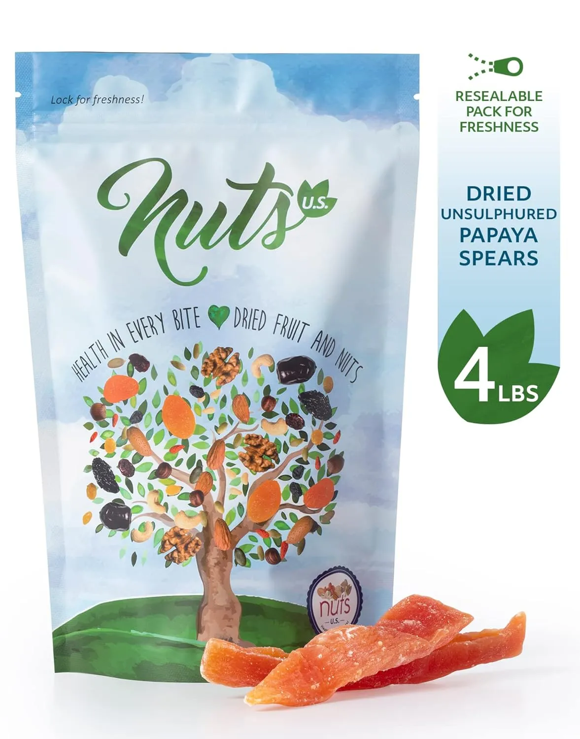 NUTS U.S. - Dried Papaya Spears (Unsulphured) | Low Sugar. Lightly Sugar Coated | No Color Added | Packed in a Resealable Bag!!! (4 LBS)