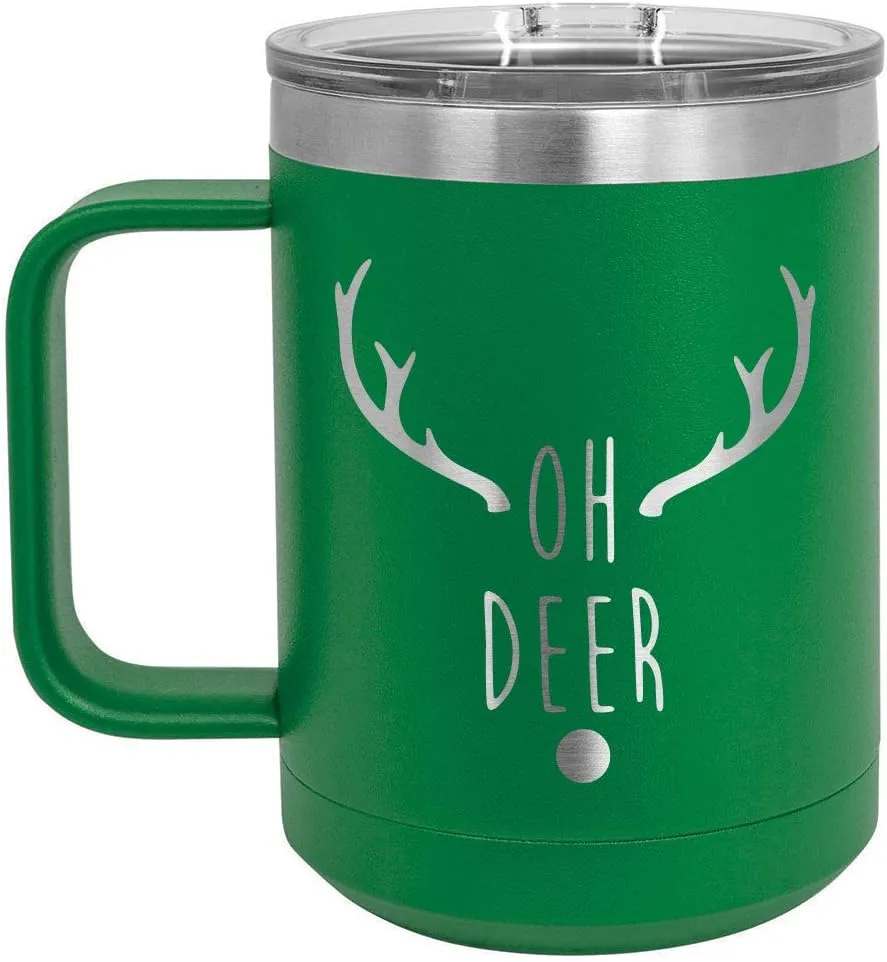 OH DEER Green 15 oz Coffee Cup w/Slide Top Lid | Insulated Travel Coffee Mug | Birthday Or Christmas Gift Ideas From Women or Men | Compare To Yeti Rambler | ONLYGIFTS.COM