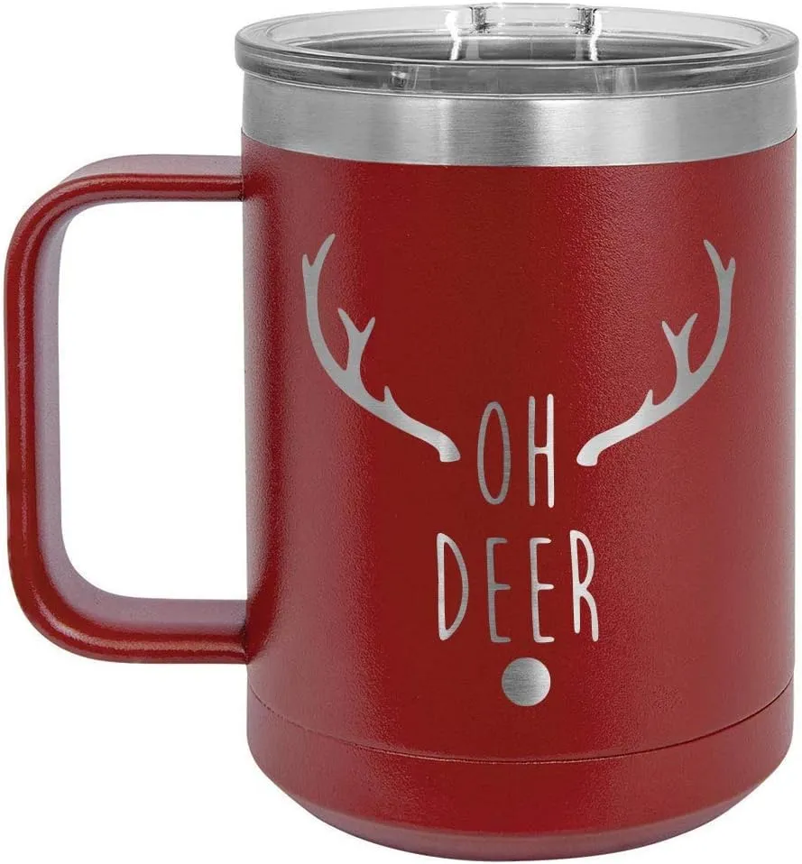 OH DEER Maroon 15 oz Coffee Cup w/Slide Top Lid | Insulated Travel Coffee Mug | Birthday Or Christmas Gift Ideas From Women or Men | Compare To Yeti Rambler | ONLYGIFTS.COM