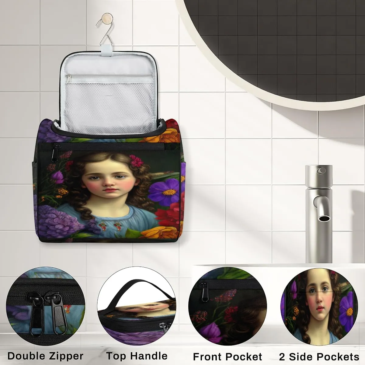 Oil Painting Cute Girl Travel Makeup Bag for Women Men Portable Waterproof Cosmetic Bag Large Capacity Toiletry Bag Make up Case Organizer Bathroom Shower Bag with Handle Travel Accessories