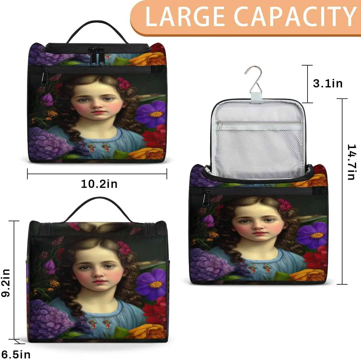 Oil Painting Cute Girl Travel Makeup Bag for Women Men Portable Waterproof Cosmetic Bag Large Capacity Toiletry Bag Make up Case Organizer Bathroom Shower Bag with Handle Travel Accessories
