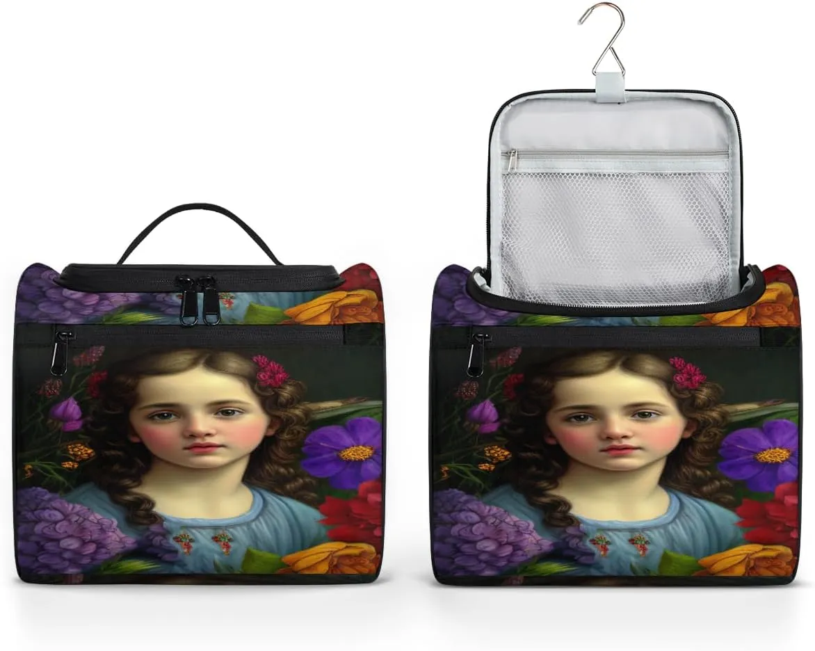 Oil Painting Cute Girl Travel Makeup Bag for Women Men Portable Waterproof Cosmetic Bag Large Capacity Toiletry Bag Make up Case Organizer Bathroom Shower Bag with Handle Travel Accessories