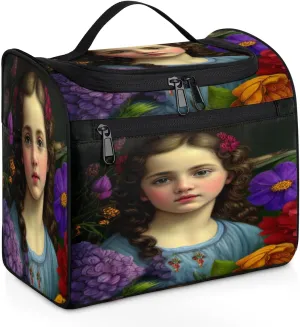 Oil Painting Cute Girl Travel Makeup Bag for Women Men Portable Waterproof Cosmetic Bag Large Capacity Toiletry Bag Make up Case Organizer Bathroom Shower Bag with Handle Travel Accessories