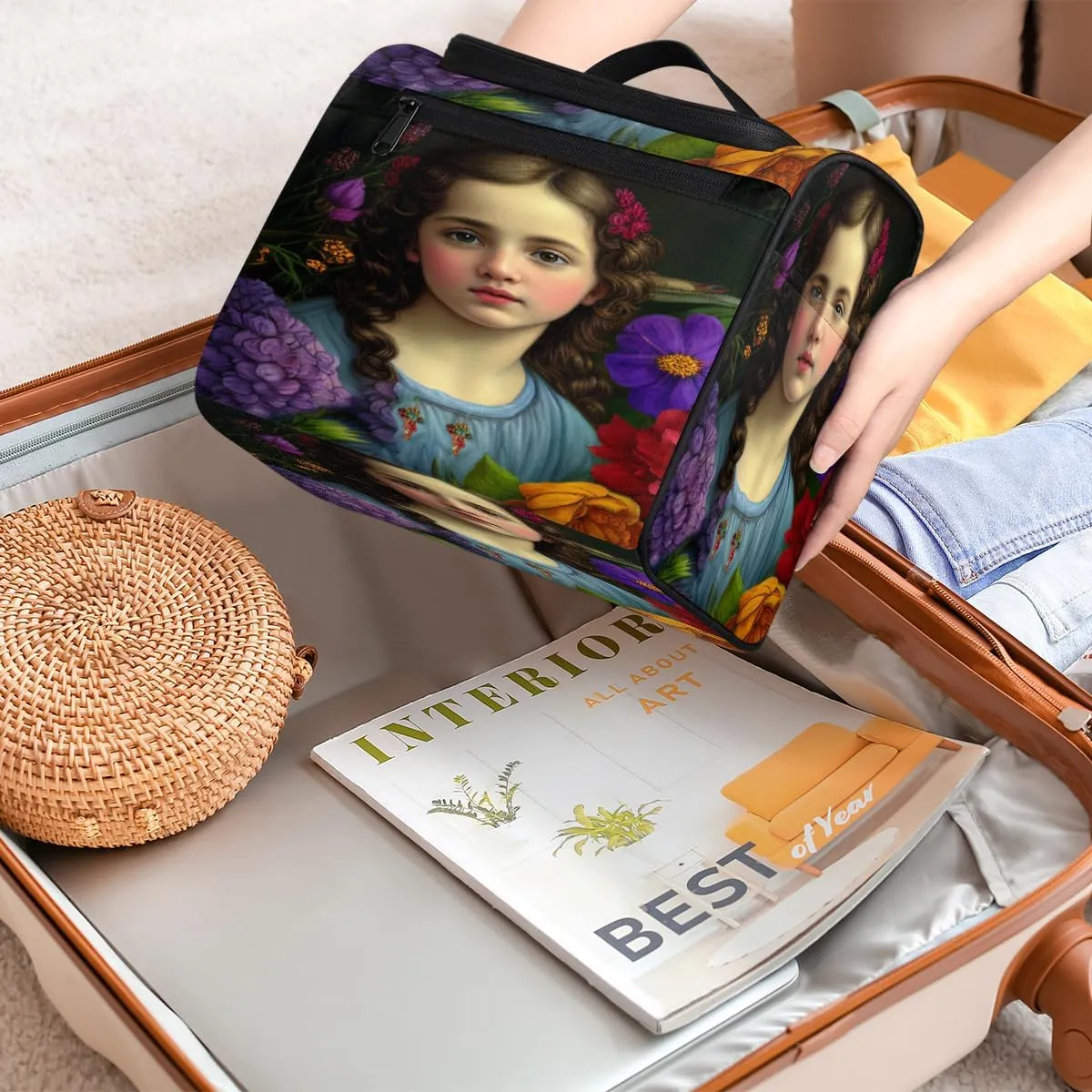 Oil Painting Cute Girl Travel Makeup Bag for Women Men Portable Waterproof Cosmetic Bag Large Capacity Toiletry Bag Make up Case Organizer Bathroom Shower Bag with Handle Travel Accessories
