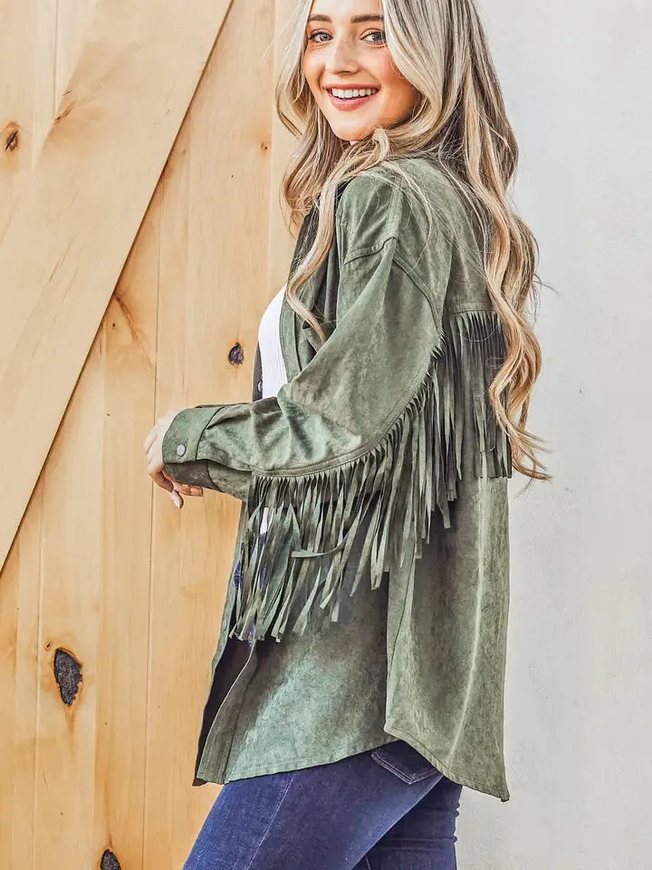 Olive Green Fringe Shacket