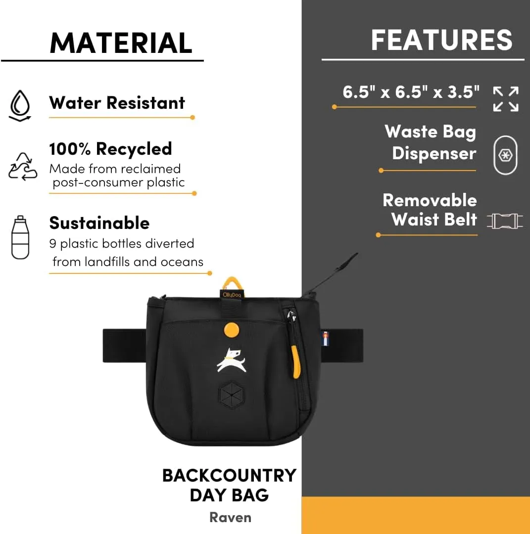 OllyDog Backcountry Day Bag | Hands-Free Dog Training Treat Pouch | Fanny/Hip Pack with Zipper Closure & Built-in Poop Bag Dispenser | Removable Waist Clip (Raven S'25)