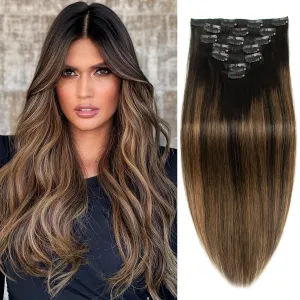 Ombre Highlight Clip in Hair Extensions Real Human Hair 22 Inch 7pcs 120g Natural Black Mix Chestnut Brown Remy Human Hair Clip Ins 16 Clips Double Weft Straight Clip In Hair Extensions for Woman