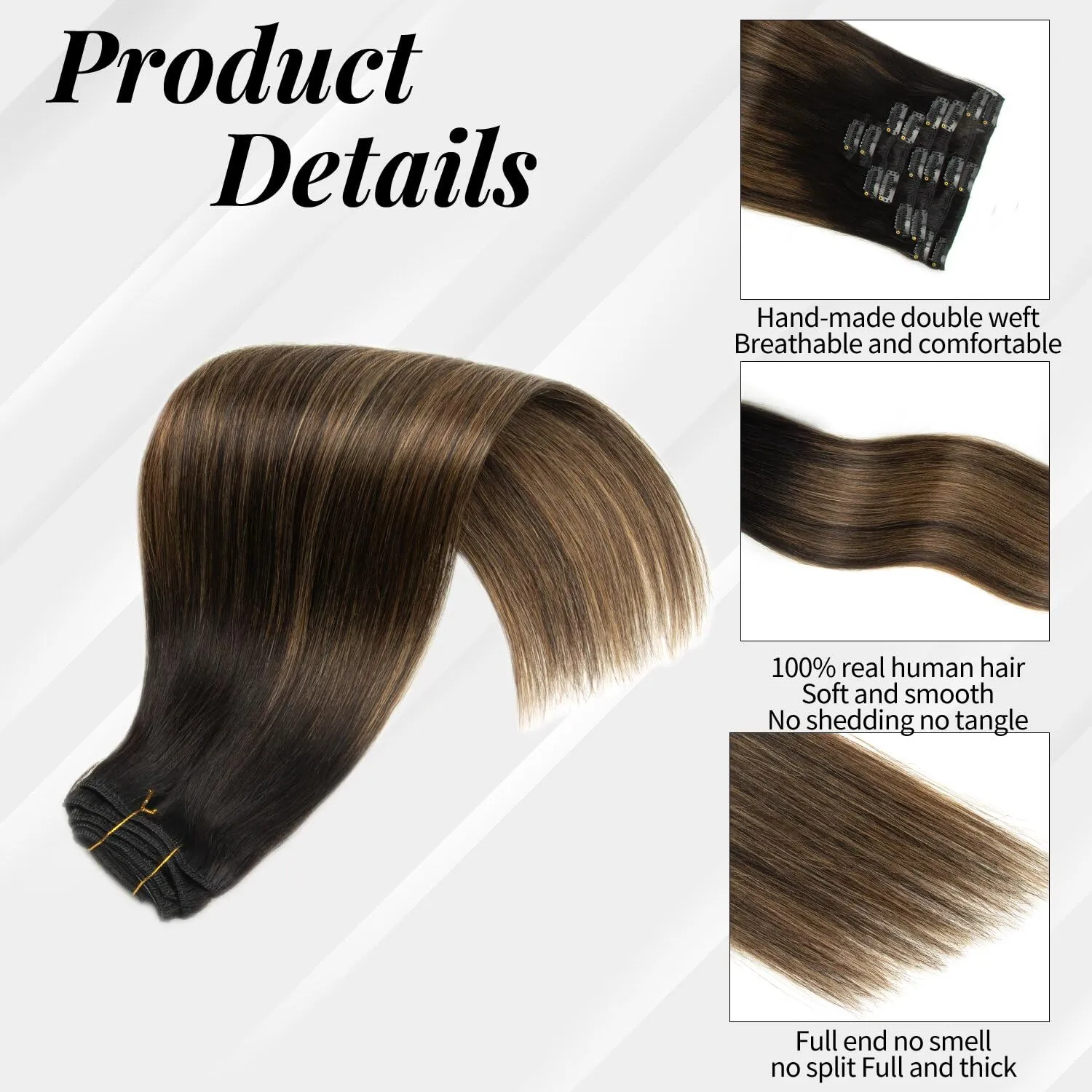 Ombre Highlight Clip in Hair Extensions Real Human Hair 22 Inch 7pcs 120g Natural Black Mix Chestnut Brown Remy Human Hair Clip Ins 16 Clips Double Weft Straight Clip In Hair Extensions for Woman