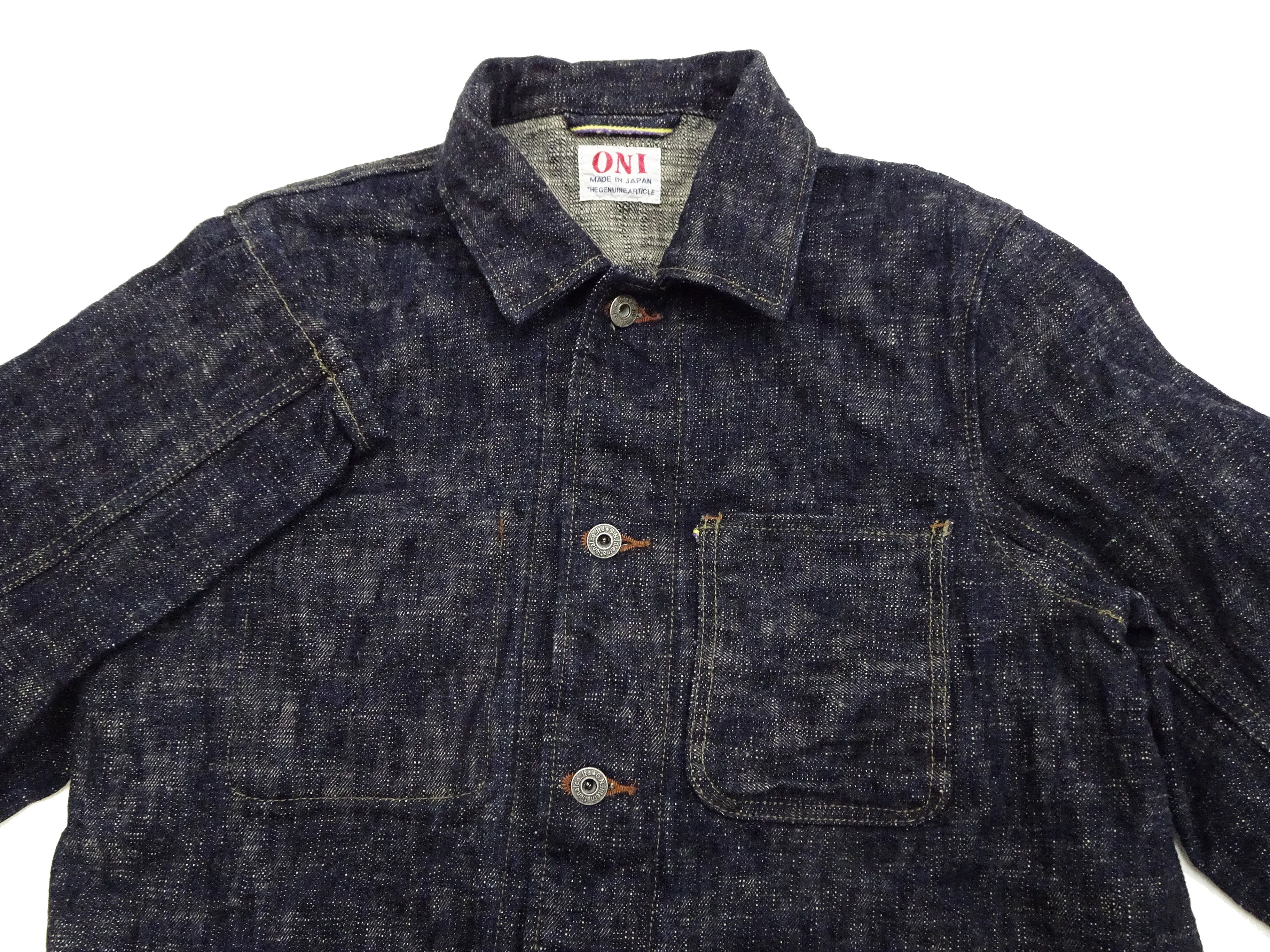 Oni Denim Jacket 03502-kasuri Men's Casual Slim-Fit 17oz. ONI-Kasuri Slub Selvedge Denim Work Coat Chore Coat Indigo One-Wash