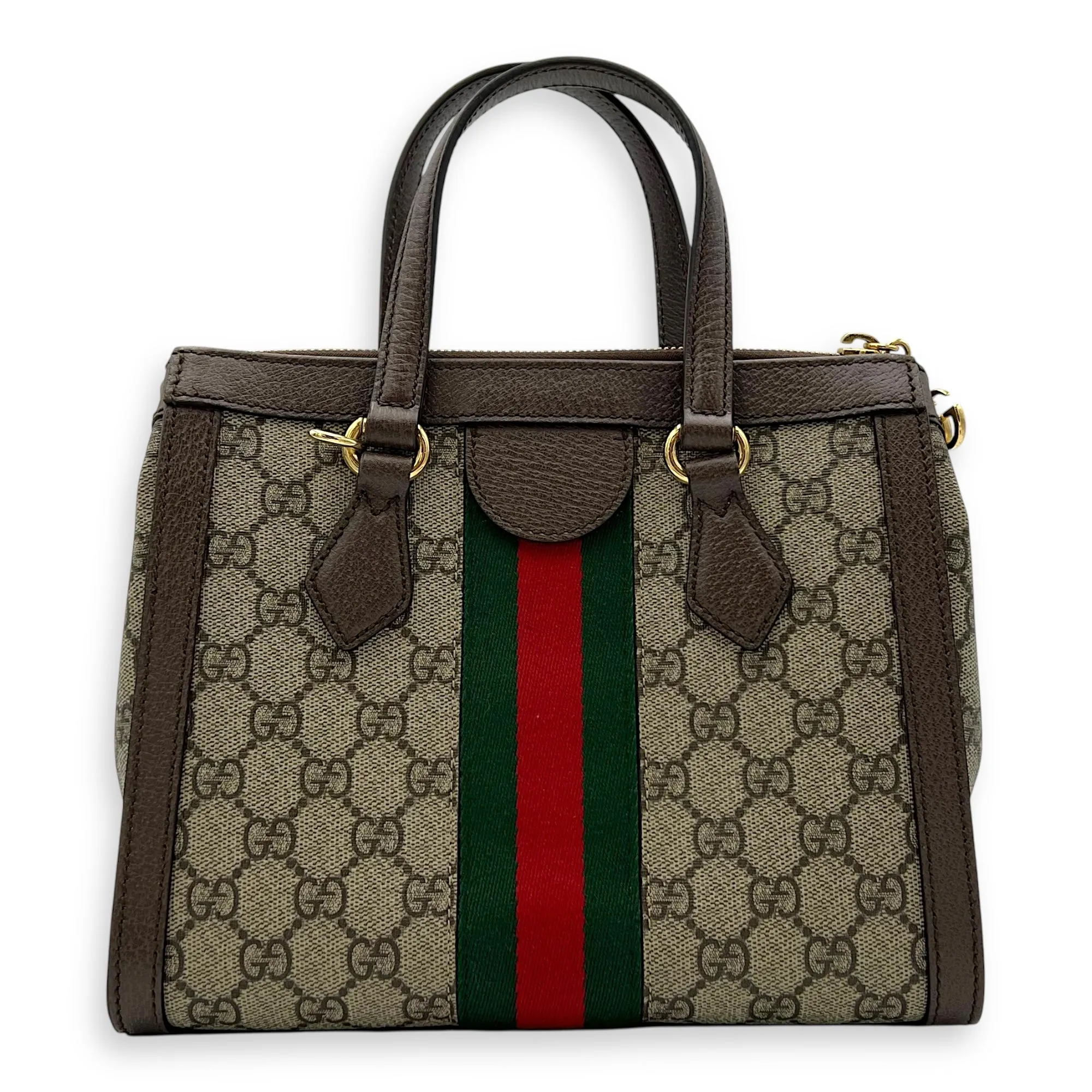 Ophidia Small Brown Top Handle Bag in Monogram Coated Canvas, Gold hardware