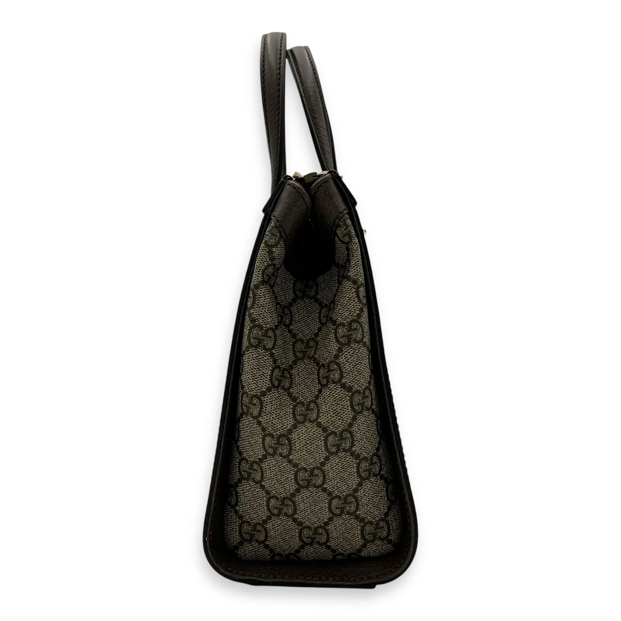 Ophidia Small Brown Top Handle Bag in Monogram Coated Canvas, Gold hardware