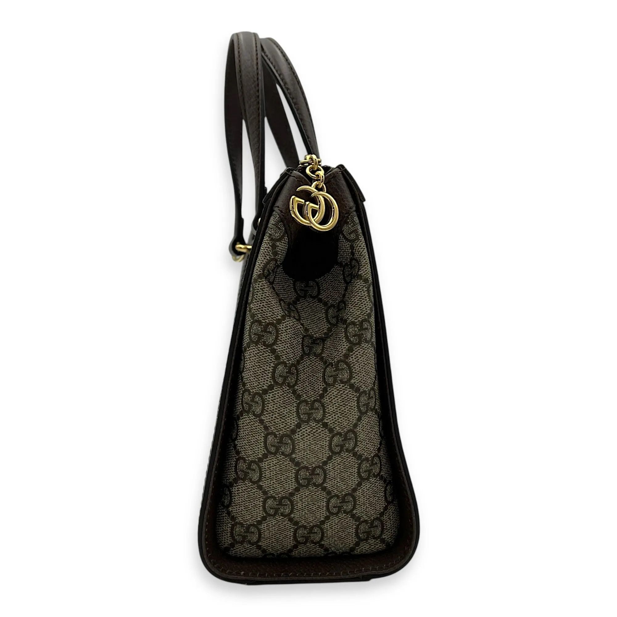 Ophidia Small Brown Top Handle Bag in Monogram Coated Canvas, Gold hardware