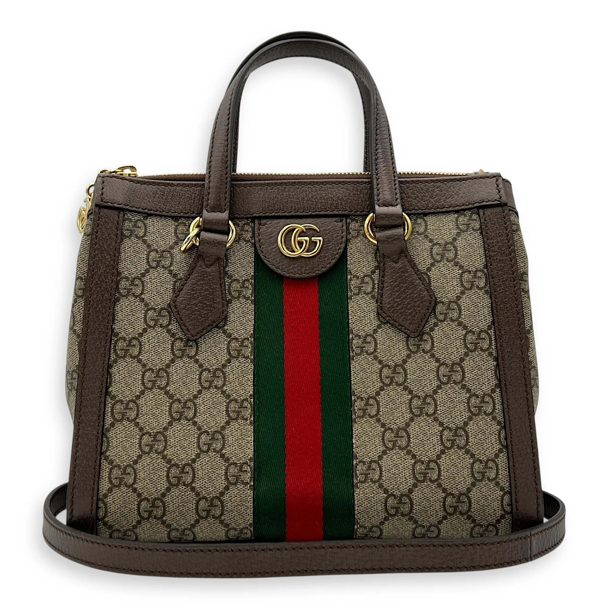 Ophidia Small Brown Top Handle Bag in Monogram Coated Canvas, Gold hardware