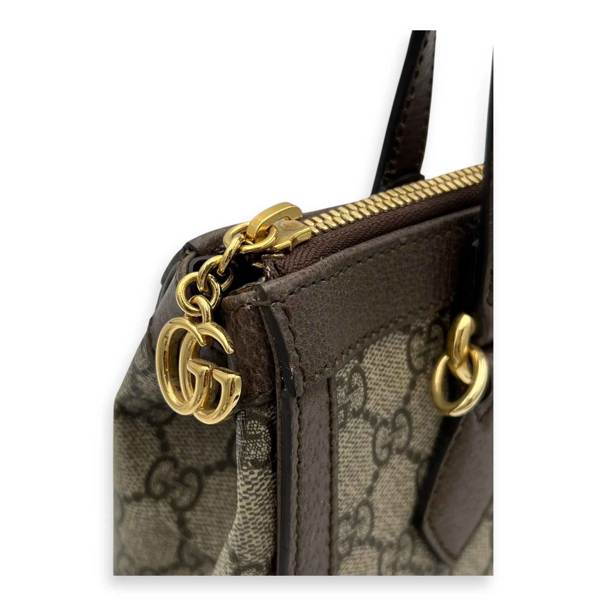 Ophidia Small Brown Top Handle Bag in Monogram Coated Canvas, Gold hardware