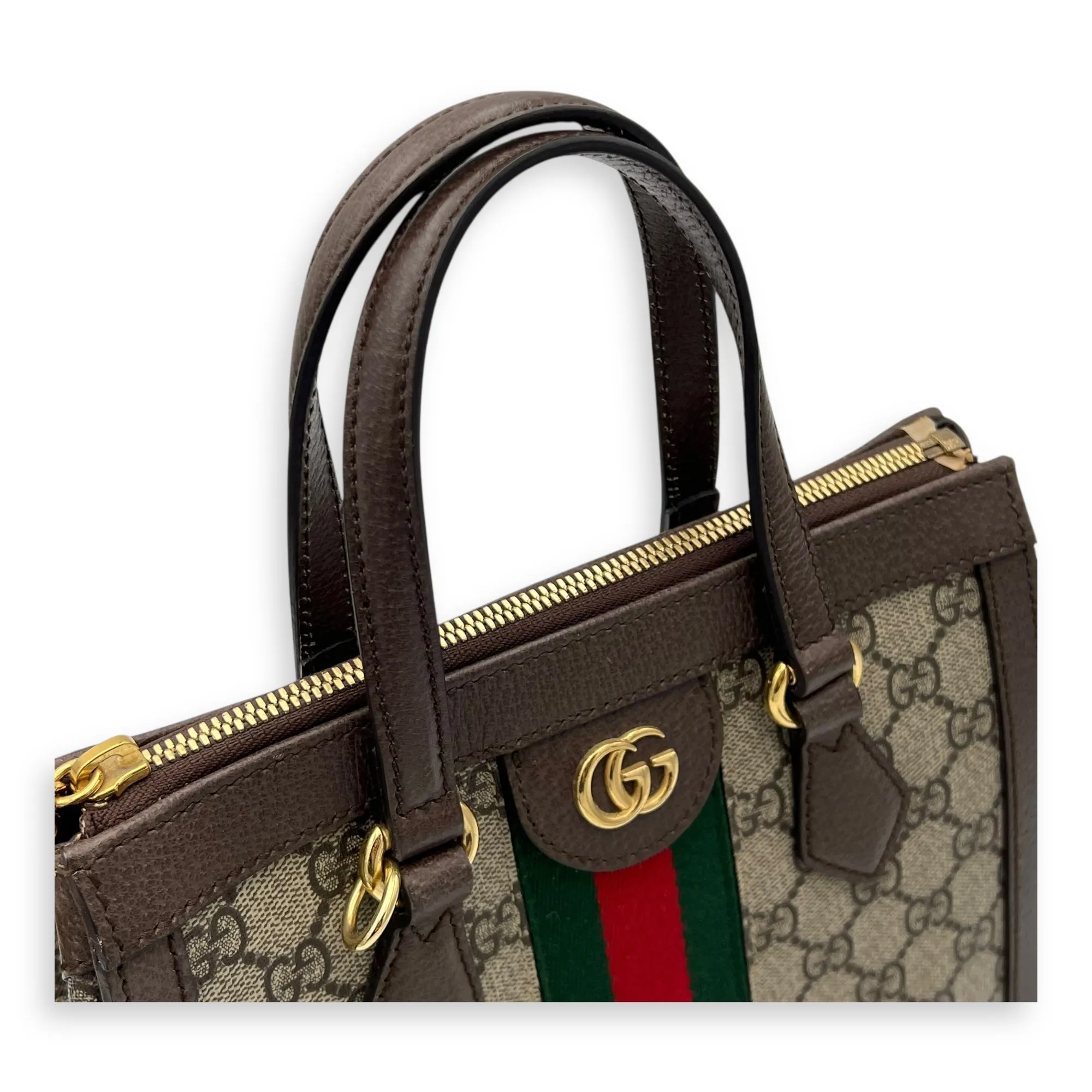 Ophidia Small Brown Top Handle Bag in Monogram Coated Canvas, Gold hardware