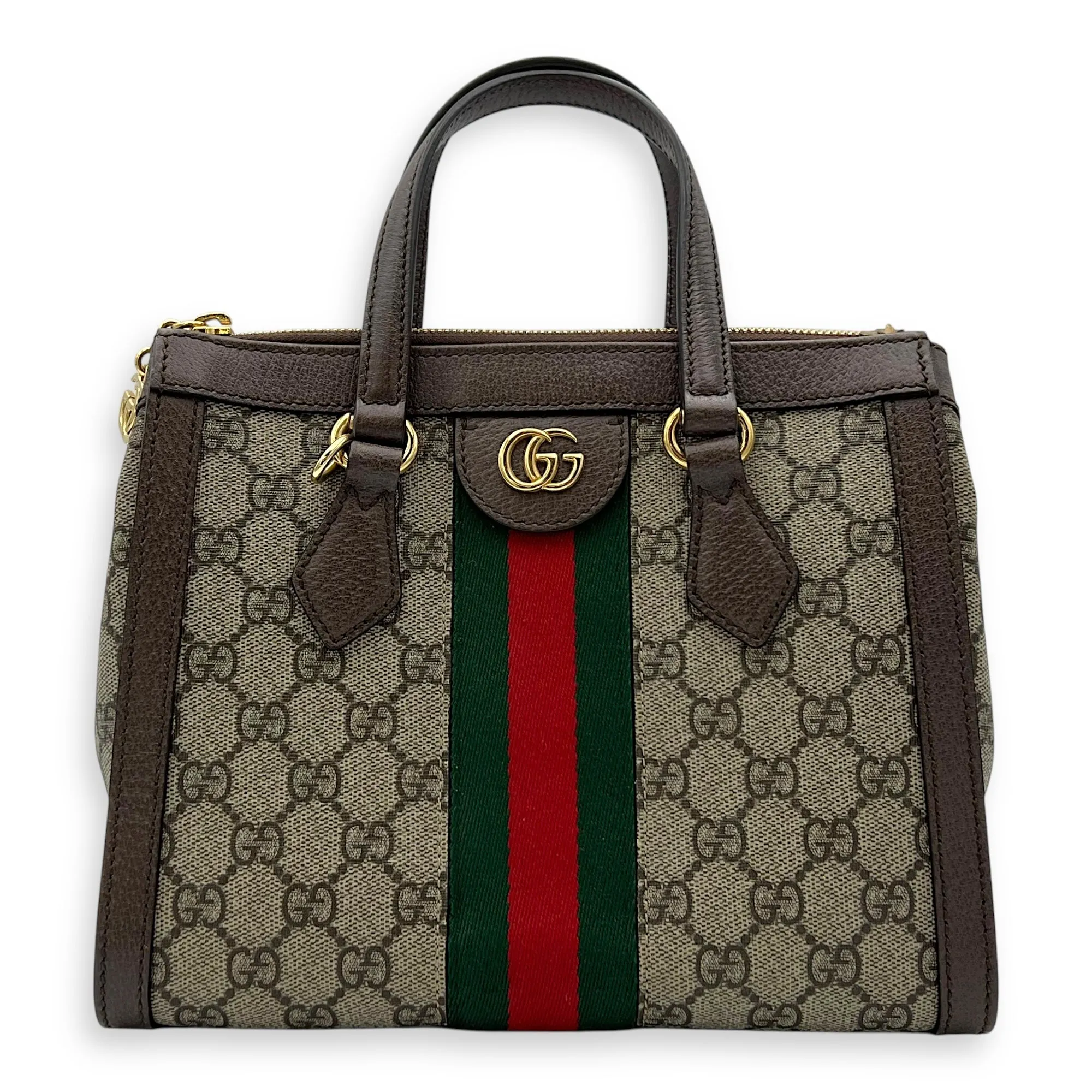 Ophidia Small Brown Top Handle Bag in Monogram Coated Canvas, Gold hardware
