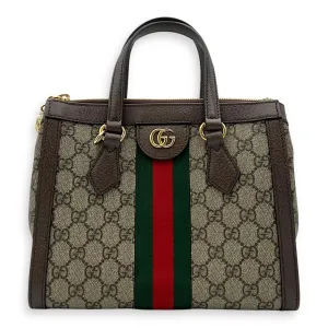 Ophidia Small Brown Top Handle Bag in Monogram Coated Canvas, Gold hardware