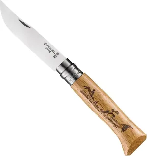 Opinel No. 8 Engraved Oak Handle Folding Knife, Animalia Collection, Stainless Steel Blade, Made in France