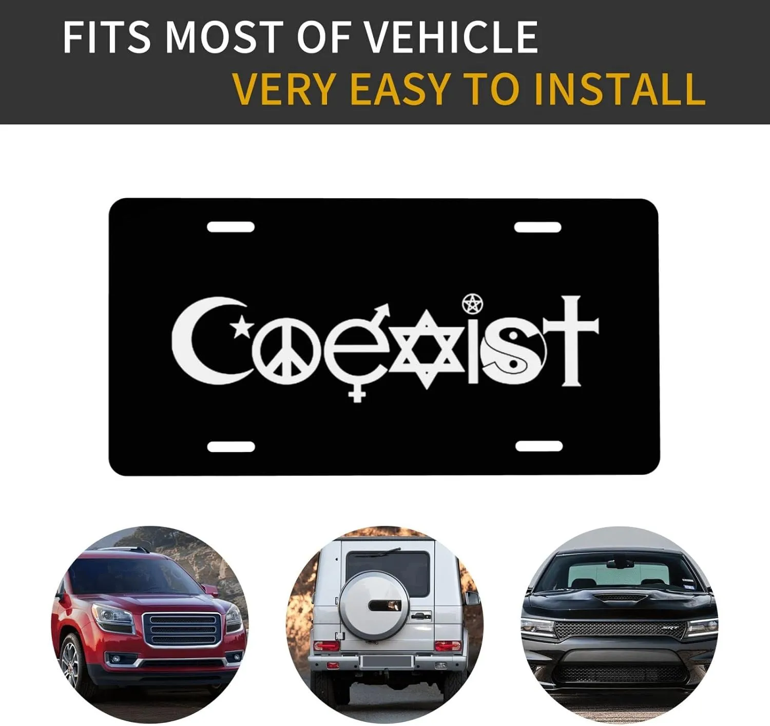Original Coexist Symbols Black Custom Fake License Plate at The Front of The Car 6x12 Inch Front and Rear License Plates