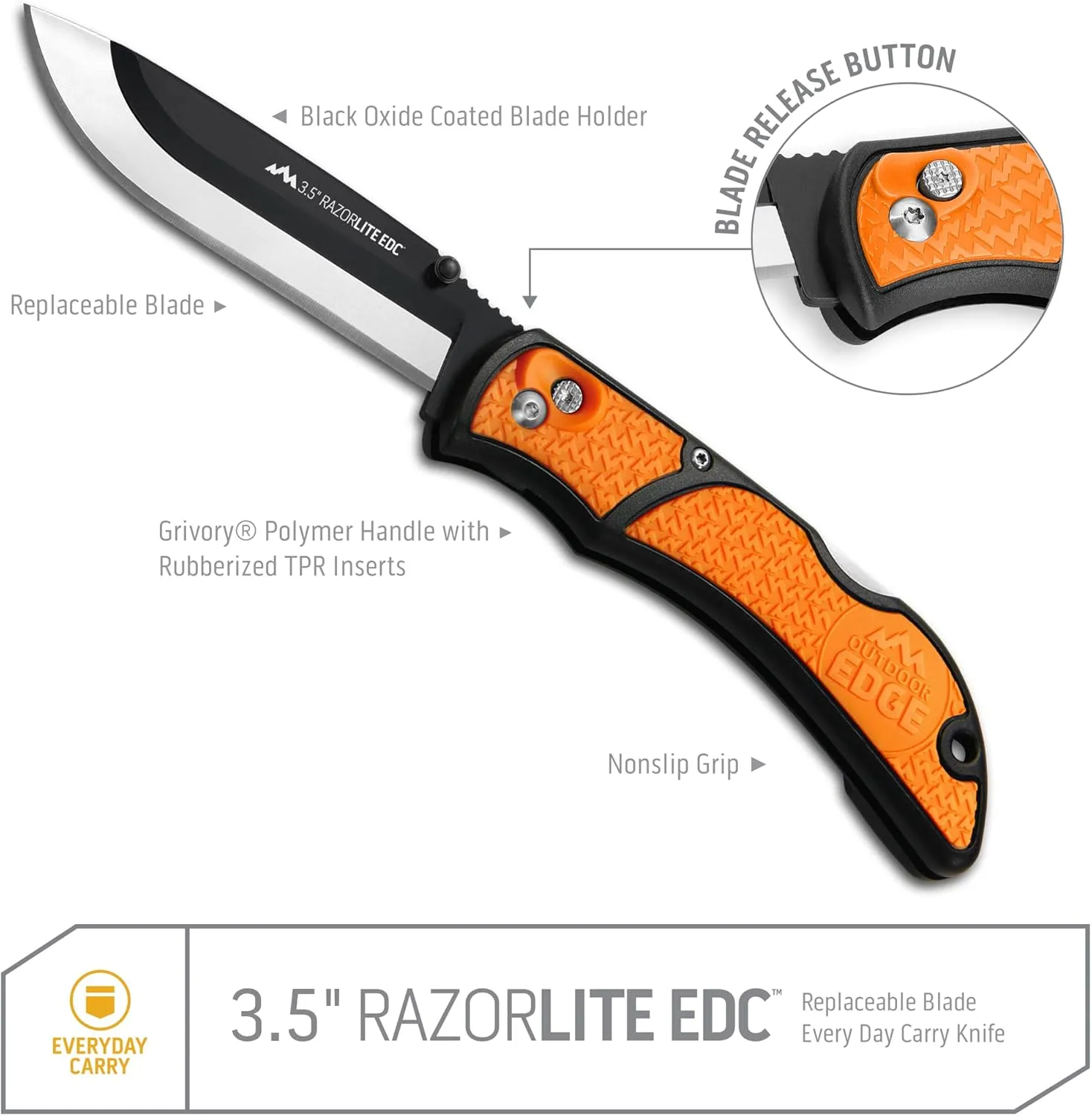OUTDOOR EDGE 3.5" RazorLite EDC Knife. Pocket Knife with Replaceable Blades and Clip. The Perfect Hunting Blade for Skinning Deer. Blaze Orange with 6 Blades