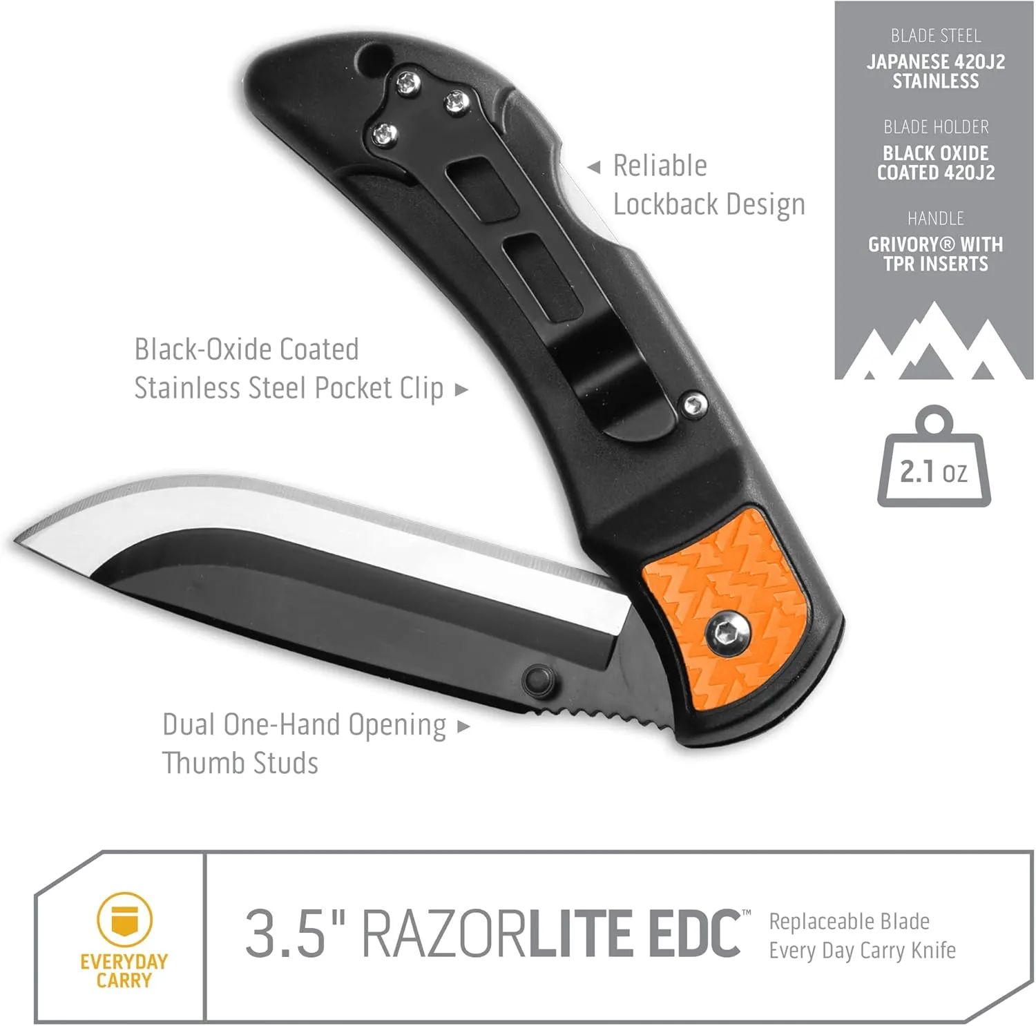 OUTDOOR EDGE 3.5" RazorLite EDC Knife. Pocket Knife with Replaceable Blades and Clip. The Perfect Hunting Blade for Skinning Deer. Blaze Orange with 6 Blades