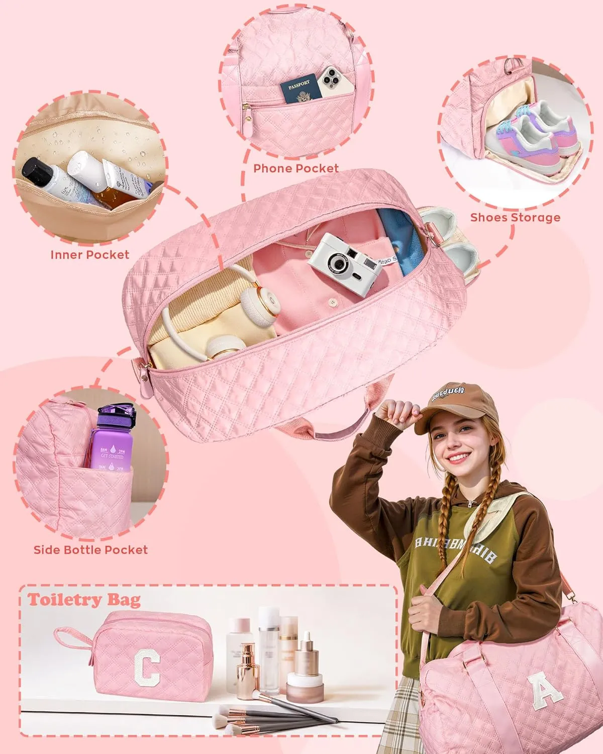 Overnight Bags for Women, Initial Travel Duffel Bag, Sports Gym Bag, Carry On Bag, Monogram Gifts for Girl Friends Female Mom Teacher