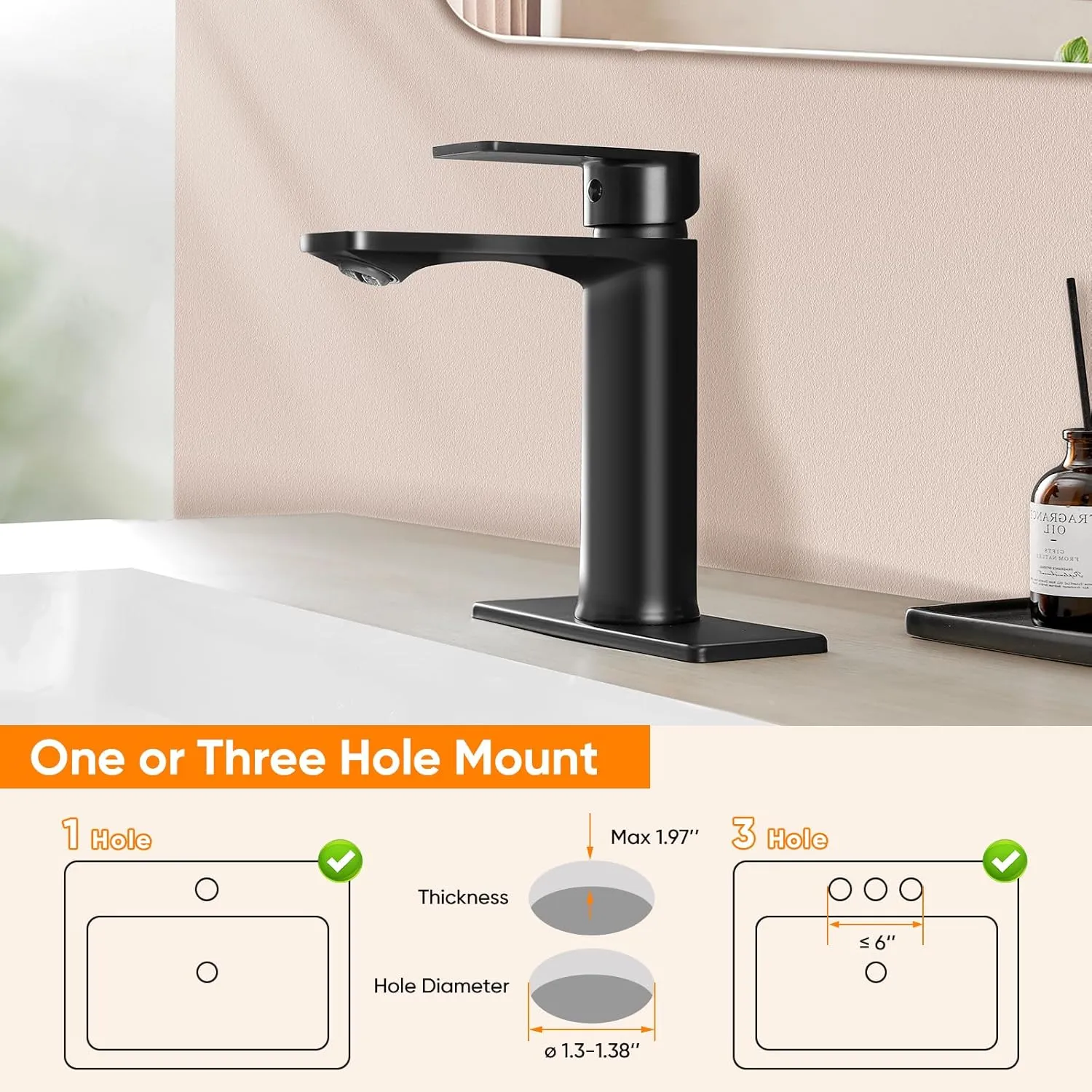 OWOFAN Black Bathroom Sink Vanity Faucet Single Handle Matte Black Modern RV Faucet Deck Mount 1 Hole or 3 Holes 855985R