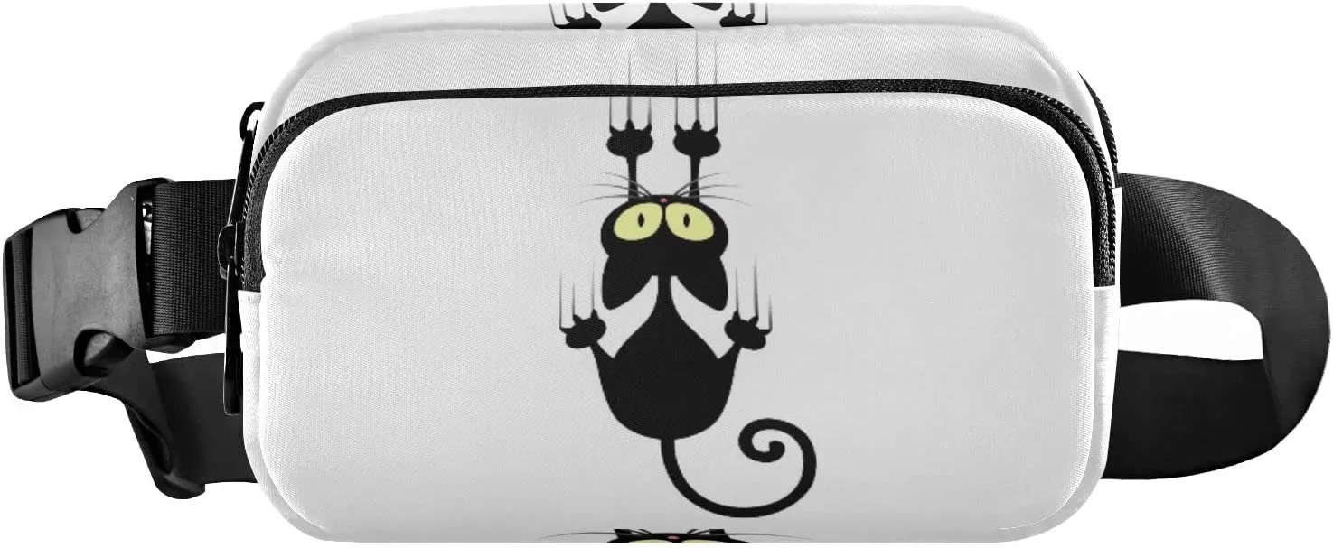 Oyihfvs Black Cartoon Cat Scratching The Wall on White Adjustable Fanny Waist Pack Pouch, Waterproof Runners Sports Waist Pack Wallet for Sports Hiking Fitness Cycling Gym Women Men