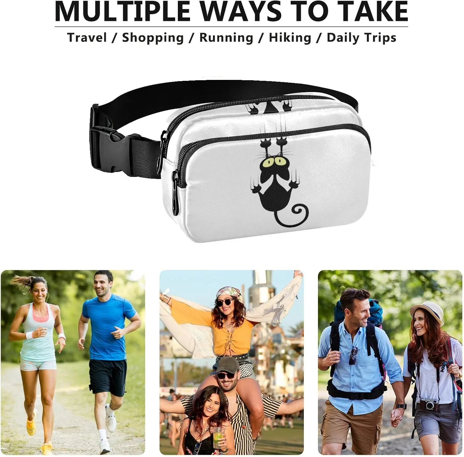 Oyihfvs Black Cartoon Cat Scratching The Wall on White Adjustable Fanny Waist Pack Pouch, Waterproof Runners Sports Waist Pack Wallet for Sports Hiking Fitness Cycling Gym Women Men