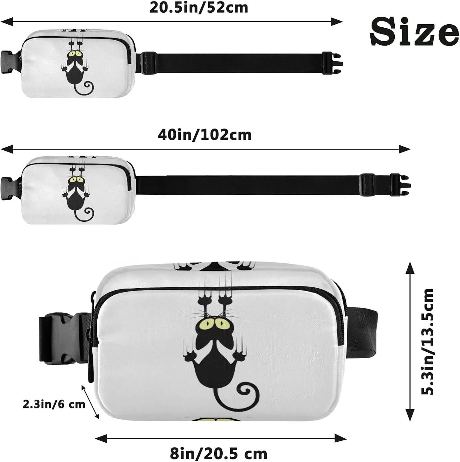 Oyihfvs Black Cartoon Cat Scratching The Wall on White Adjustable Fanny Waist Pack Pouch, Waterproof Runners Sports Waist Pack Wallet for Sports Hiking Fitness Cycling Gym Women Men