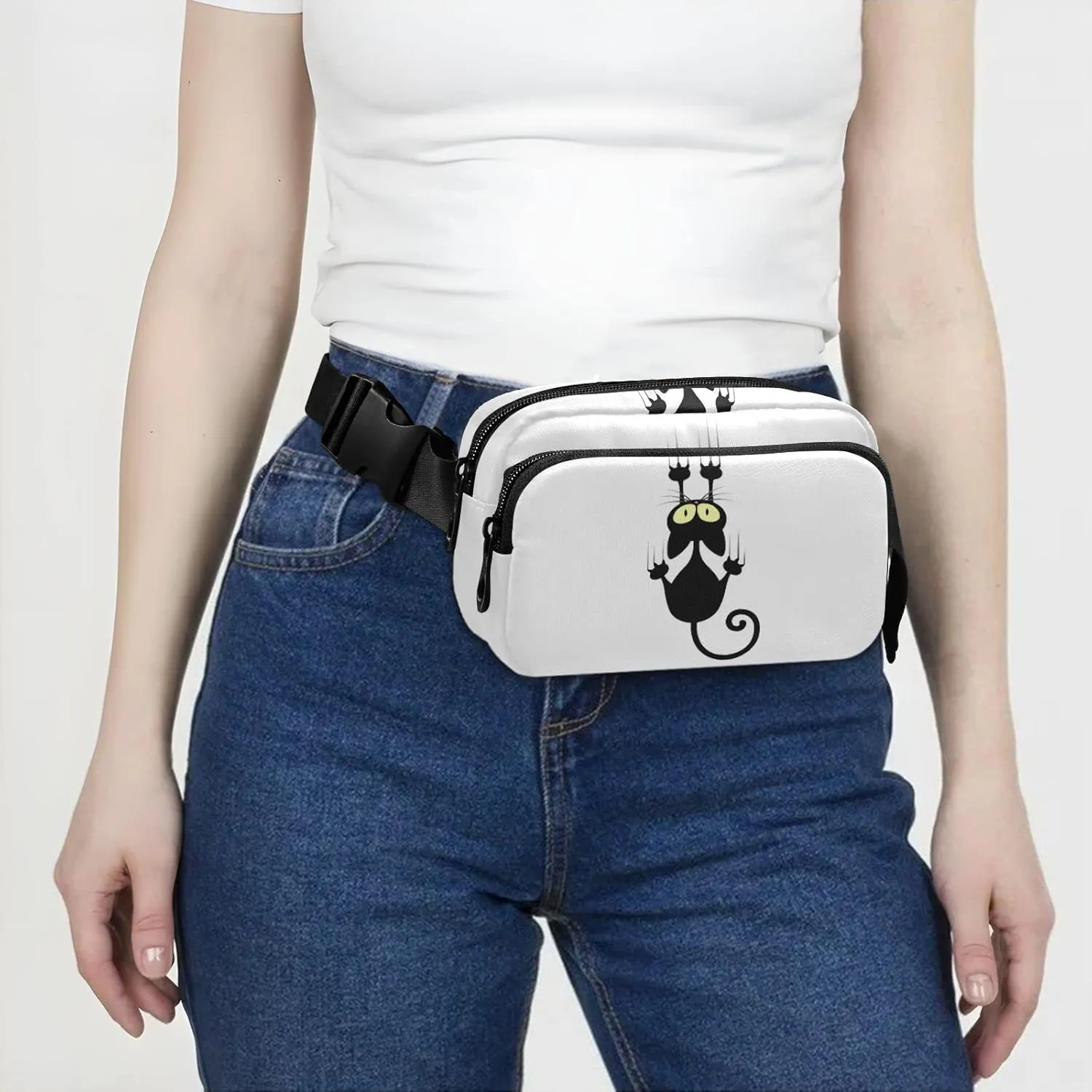 Oyihfvs Black Cartoon Cat Scratching The Wall on White Adjustable Fanny Waist Pack Pouch, Waterproof Runners Sports Waist Pack Wallet for Sports Hiking Fitness Cycling Gym Women Men