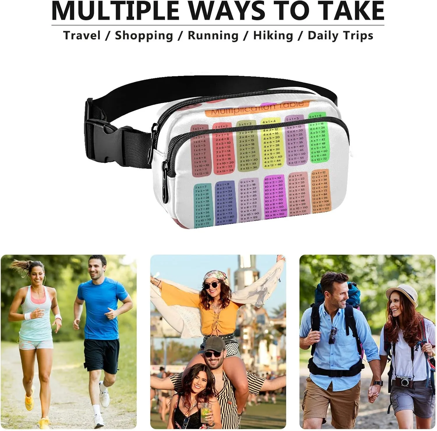 Oyihfvs Colorful Multiplication Tables on White Adjustable Fanny Waist Pack Pouch, Waterproof Runners Sports Waist Pack Wallet for Sports Hiking Fitness Cycling Gym Women Men