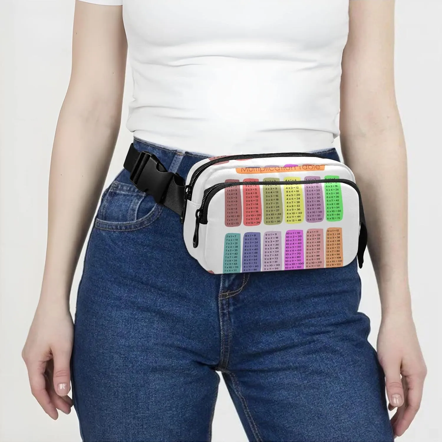 Oyihfvs Colorful Multiplication Tables on White Adjustable Fanny Waist Pack Pouch, Waterproof Runners Sports Waist Pack Wallet for Sports Hiking Fitness Cycling Gym Women Men