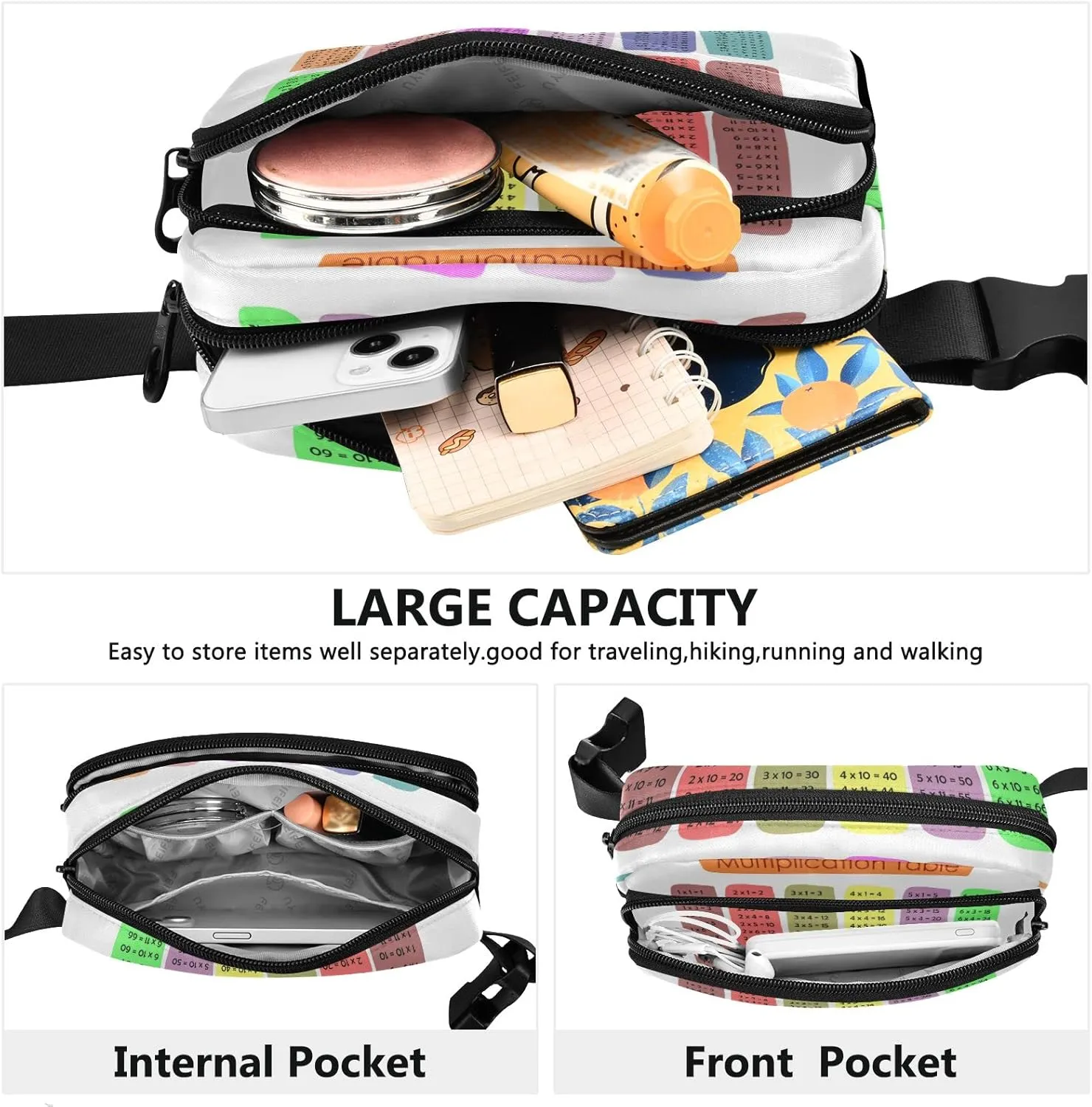 Oyihfvs Colorful Multiplication Tables on White Adjustable Fanny Waist Pack Pouch, Waterproof Runners Sports Waist Pack Wallet for Sports Hiking Fitness Cycling Gym Women Men