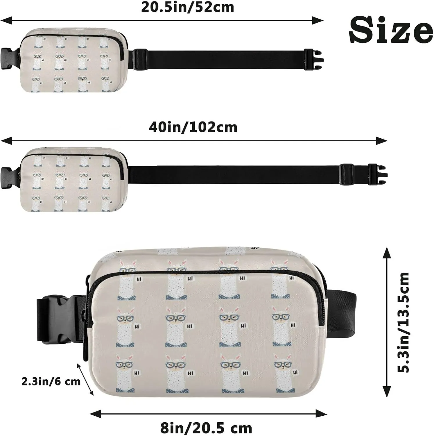 Oyihfvs Cute Lama Face with Hi Alpaca Face with Glasses Adjustable Fanny Waist Pack Pouch, Waterproof Runners Sports Waist Pack Wallet for Sports Hiking Fitness Cycling Gym Women Men
