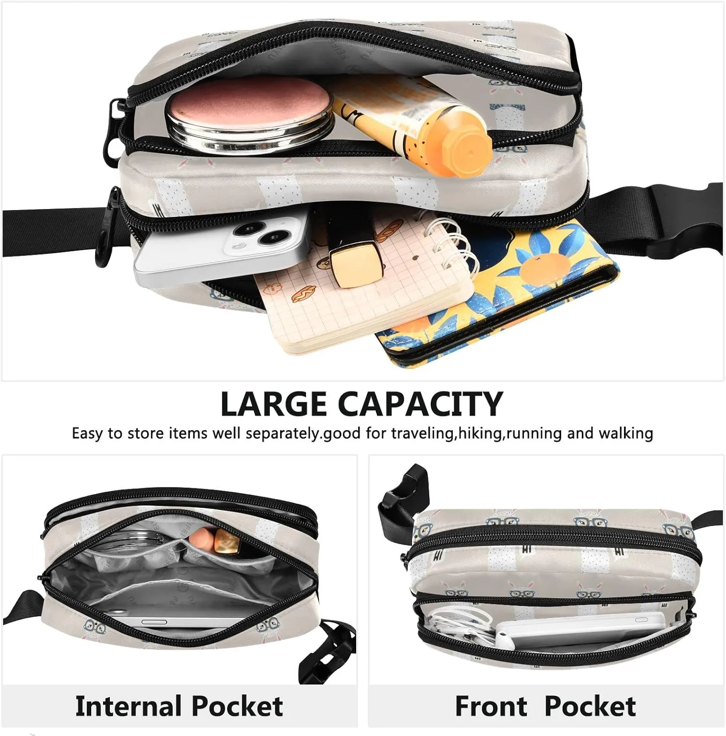 Oyihfvs Cute Lama Face with Hi Alpaca Face with Glasses Adjustable Fanny Waist Pack Pouch, Waterproof Runners Sports Waist Pack Wallet for Sports Hiking Fitness Cycling Gym Women Men