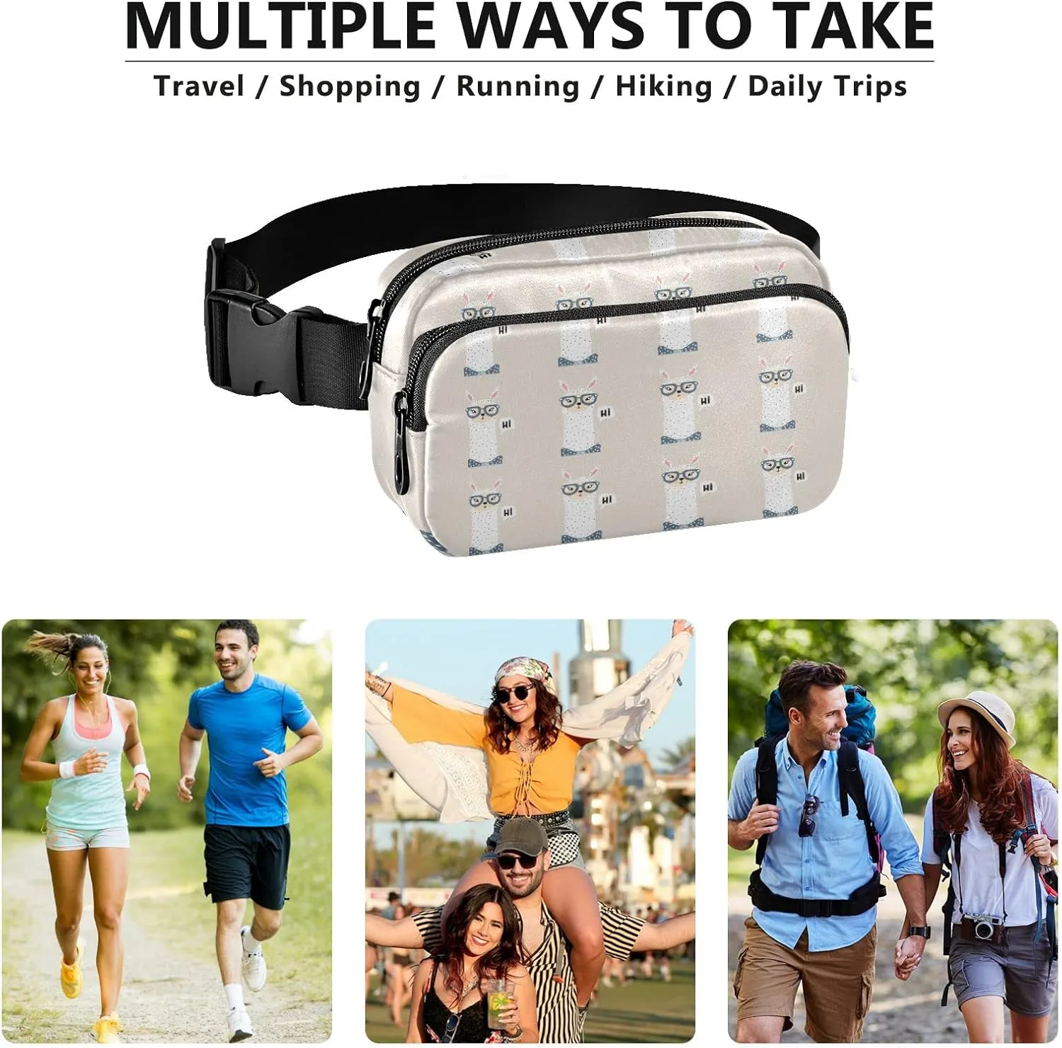 Oyihfvs Cute Lama Face with Hi Alpaca Face with Glasses Adjustable Fanny Waist Pack Pouch, Waterproof Runners Sports Waist Pack Wallet for Sports Hiking Fitness Cycling Gym Women Men