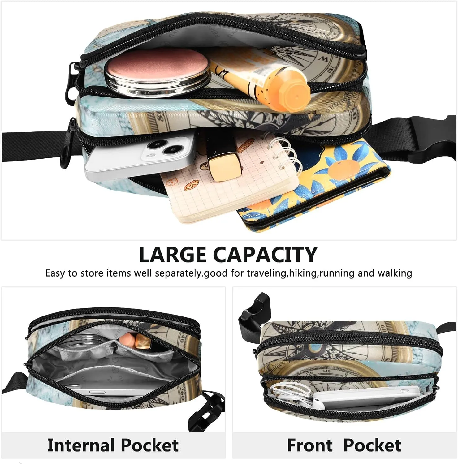 Oyihfvs Old Retro Compass on Old Map Travel Geography Navigation Adjustable Fanny Waist Pack Pouch, Waterproof Runners Sports Waist Pack Wallet for Sports Hiking Fitness Cycling Gym Women Men