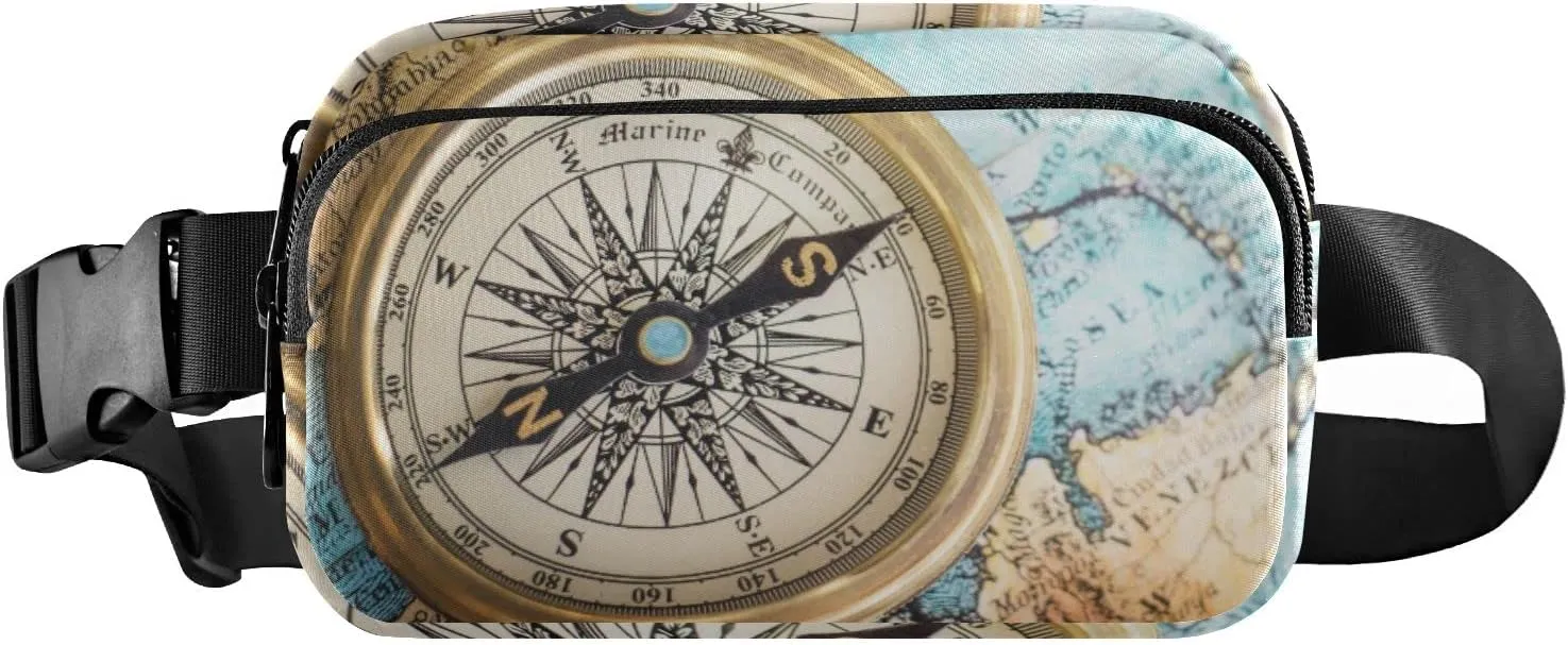 Oyihfvs Old Retro Compass on Old Map Travel Geography Navigation Adjustable Fanny Waist Pack Pouch, Waterproof Runners Sports Waist Pack Wallet for Sports Hiking Fitness Cycling Gym Women Men