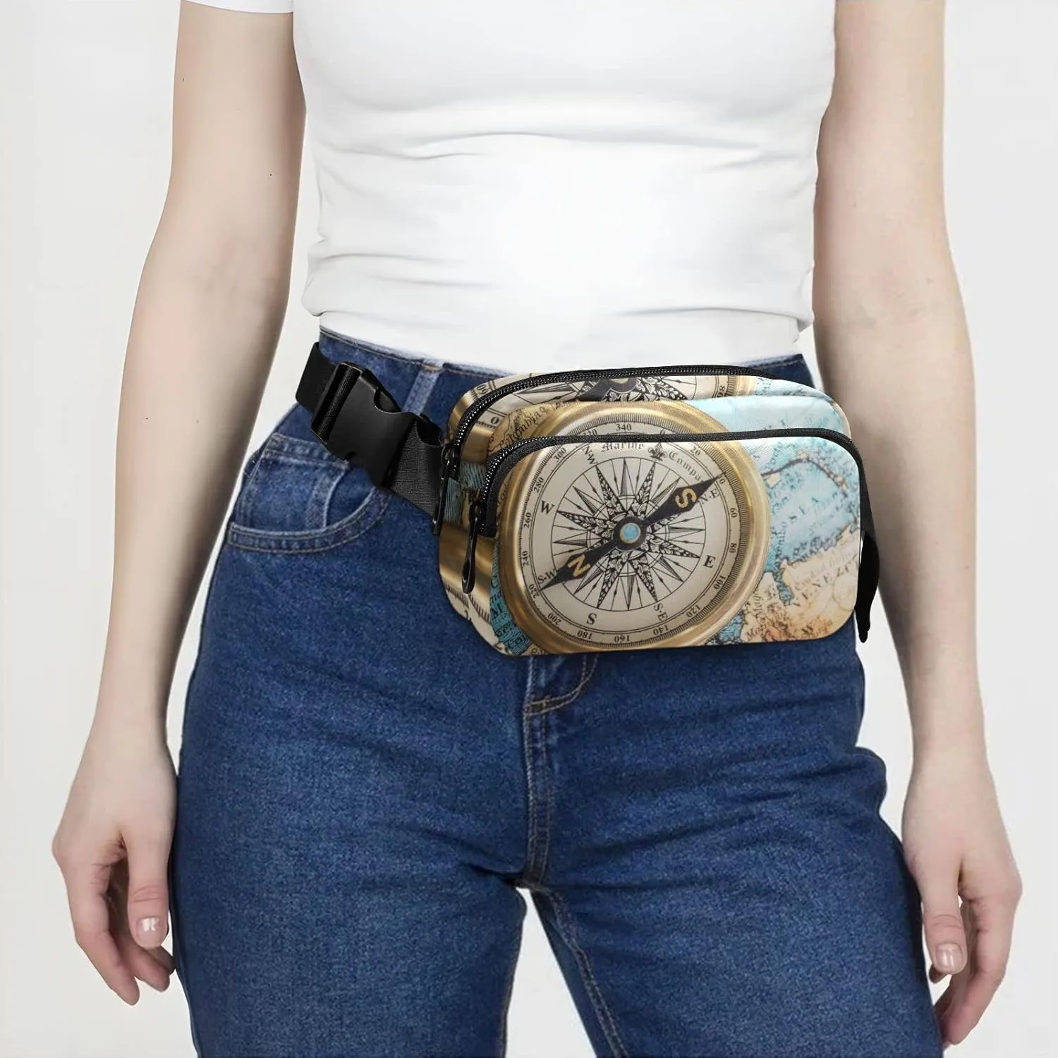 Oyihfvs Old Retro Compass on Old Map Travel Geography Navigation Adjustable Fanny Waist Pack Pouch, Waterproof Runners Sports Waist Pack Wallet for Sports Hiking Fitness Cycling Gym Women Men
