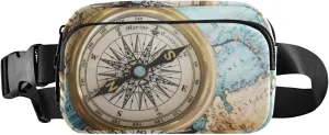 Oyihfvs Old Retro Compass on Old Map Travel Geography Navigation Adjustable Fanny Waist Pack Pouch, Waterproof Runners Sports Waist Pack Wallet for Sports Hiking Fitness Cycling Gym Women Men