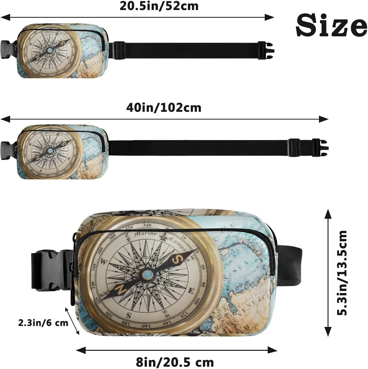 Oyihfvs Old Retro Compass on Old Map Travel Geography Navigation Adjustable Fanny Waist Pack Pouch, Waterproof Runners Sports Waist Pack Wallet for Sports Hiking Fitness Cycling Gym Women Men